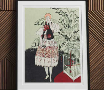 Framed vintage fashion art print featuring 1930s lace gloves in modern rococo era style for decor enthusiasts