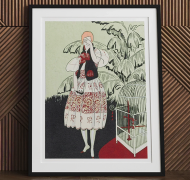 Framed vintage fashion art print featuring 1930s lace gloves in modern rococo era style for decor enthusiasts