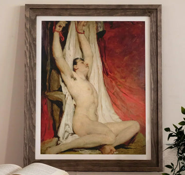 Framed painting of a nude man with bound wrists showcasing male nudes by william etty for history nerds
