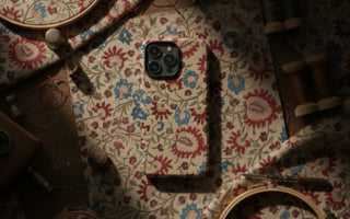 Embroidered phone case with colorful patterned textile design for decorative art nerds and textile art iphone fans