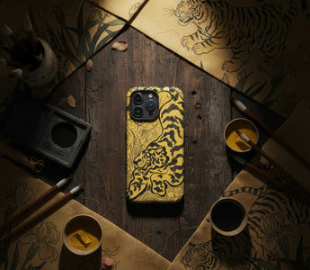 Yellow iphone case with tiger design shown from the back for eclectic art nerds and iphone cases fans