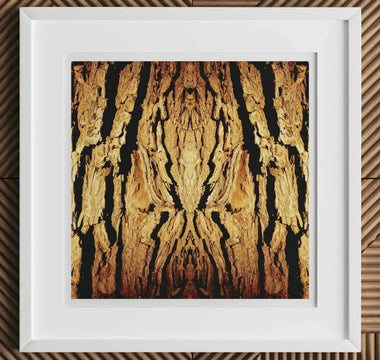 Framed abstract artwork featuring a trippy tree trunk bark pattern perfect for botanical op art enthusiasts