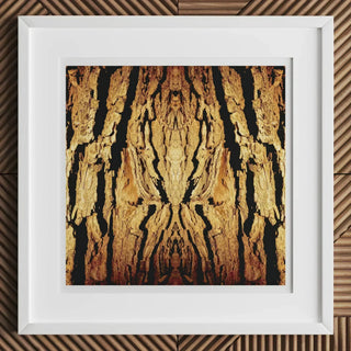 Framed abstract artwork featuring a trippy tree trunk bark pattern perfect for botanical op art enthusiasts