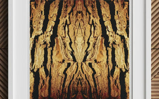 Framed abstract artwork featuring a trippy tree trunk bark pattern perfect for botanical op art enthusiasts