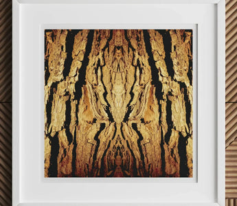Framed abstract artwork featuring a trippy tree trunk bark pattern perfect for botanical op art enthusiasts