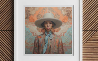 Framed portrait painting of a person in pastel clothing and wide-brimmed hat illustrating aestheticism art and cultural identity