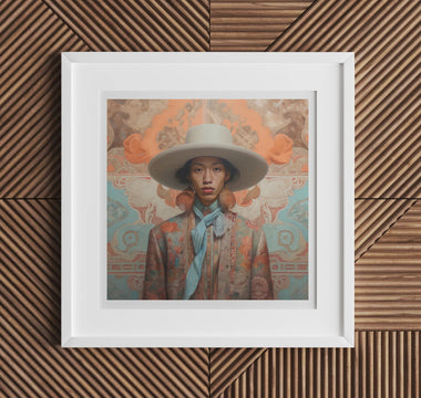 Framed portrait painting of a person in pastel clothing and wide-brimmed hat illustrating aestheticism art and cultural identity