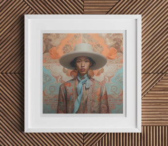 Framed portrait painting of a person in pastel clothing and wide-brimmed hat illustrating aestheticism art and cultural identity