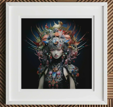 Elaborately adorned figure with intricate floral and bird headdress showcasing ai-generated art in neural network art style