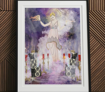 Ethereal woman in a flowing white dress with glowing hands as an enigmatic goddess and vibrant life force 50ft wiccan