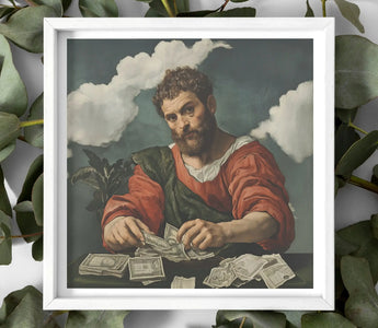 Framed painting of a man counting money illustrating artistic entrepreneur themes in an article on creative electricity