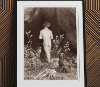 Framed vintage photograph highlighting baron von gloeden in sicilian mythography with classic sepia tones