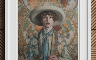 Person wearing a white cowboy hat and floral outfit surrounded by colorful flowers representing gay cowboys and queer folks