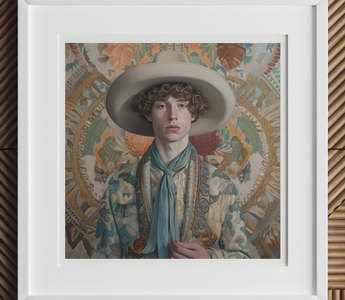 Person wearing a white cowboy hat and floral outfit surrounded by colorful flowers representing gay cowboys and queer folks