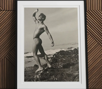 Framed black and white nude photograph reflecting bob mizer’s warhol made desire in a queer chronicle article