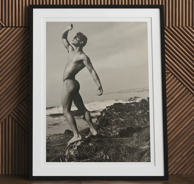 Framed black and white nude photograph reflecting bob mizer’s warhol made desire in a queer chronicle article