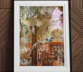 Medieval marketplace scene with merchants and customers illustrating threads farid ud-din in conference of the birds