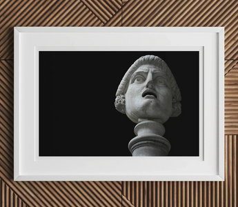 Marble bust of a man with anguished expression looking upward featured in cue the chorus by miranda costa currency press