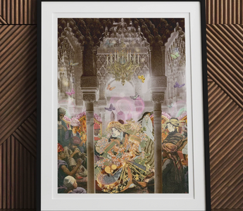 Colorful fantastical scene with figures in elaborate costumes and headdresses inspired by dancing queen and greatest tayū.