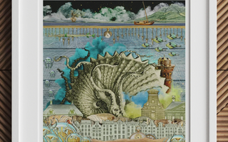 Fantastical peacock creature with dragon head and elaborate fan-like feathers inspired by wetter environments