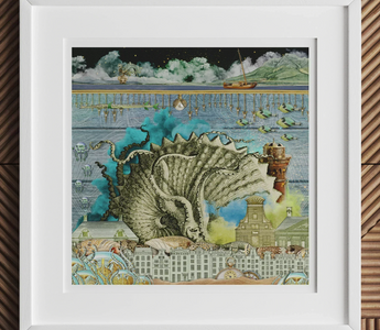 Fantastical peacock creature with dragon head and elaborate fan-like feathers inspired by wetter environments