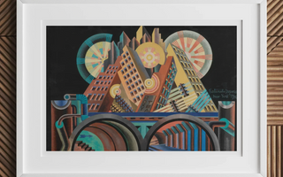 Framed art deco cityscape artwork in muted tones inspired by futurist sculpture and artists giacomo balla and umberto boccioni