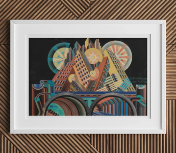 Framed art deco cityscape artwork in muted tones inspired by futurist sculpture and artists giacomo balla and umberto boccioni