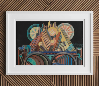 Framed art deco cityscape artwork in muted tones inspired by futurist sculpture and artists giacomo balla and umberto boccioni