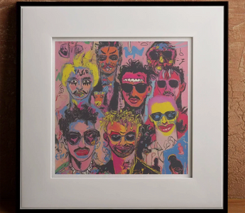 Two stylized pop art profiles in teal and yellow face each other on red background inspired by david hockney andy warhol