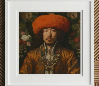 Portrait of a man wearing an ornate orange hat and golden robe with elaborate jewelry in gay royalty through the ages featuring piers gaveston