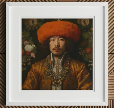 Portrait of a man wearing an ornate orange hat and golden robe with elaborate jewelry in gay royalty through the ages featuring piers gaveston