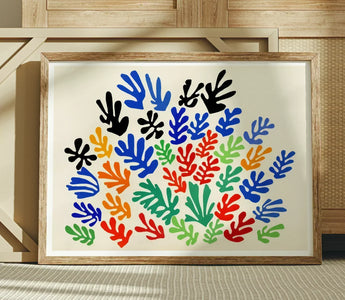 Colorful abstract leaf shapes and small fruit elements in henri matisse cutouts showcasing matisse’s collage style