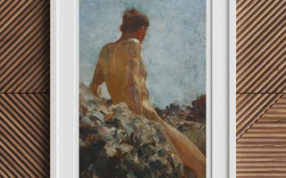 Framed nude male figure painting in august blue showcases henry scott tuke’s bathing group in edwardian sunlight painting
