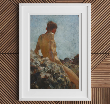 Framed nude male figure painting in august blue showcases henry scott tuke’s bathing group in edwardian sunlight painting