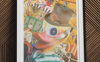 Surreal colorful fish-like creature with large blue eye and black hat reflecting hey good carefree delight and childhood innocence