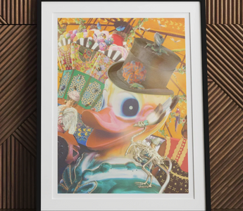 Surreal colorful fish-like creature with large blue eye and black hat reflecting hey good carefree delight and childhood innocence
