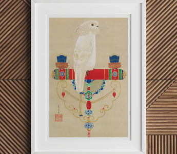 White cockatoo perched on colorful ornate stand showcasing ito jakuchu’s rinpa school colorful realm art
