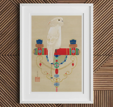 White cockatoo perched on colorful ornate stand showcasing ito jakuchu’s rinpa school colorful realm art
