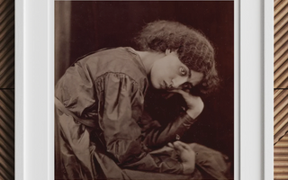 Portrait of jane morris with dark curly hair in blue dress against red background inspired by william morris and dante gabriel rossetti