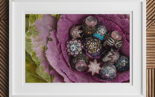 Collection of ornate jewelry beads and charms in a purple cabbage leaf for matthew campbell laurenza one-of-a-kind wearable sculpture
