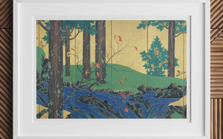 Two stylized figures in red and blue floral kimonos with wide-brimmed hats illustrating rinpa school techniques inspired by kamisaka sekka and tawaraya sōtatsu