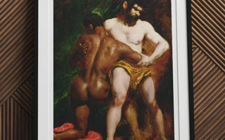 Framed nude painting by william etty showcasing two male nudes wrestling in a classic artistic style