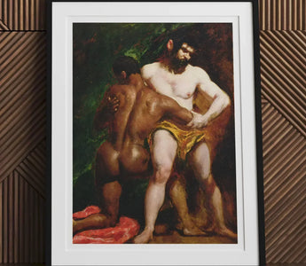 Framed nude painting by william etty showcasing two male nudes wrestling in a classic artistic style