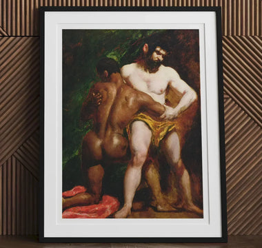 Framed nude painting by william etty showcasing two male nudes wrestling in a classic artistic style