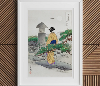 Woman in a yellow floral kimono sitting near a stone lantern inspired by ogata gekko meiji era woodblock prints