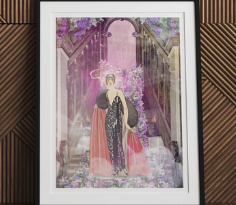 Stylized illustration of a 1920s flapper woman in an elegant evening gown inspired by the greek titan theme princess rhea