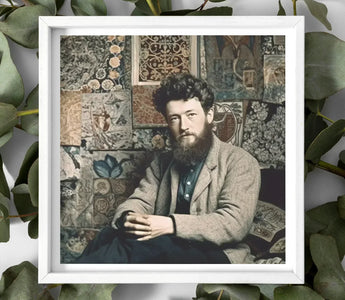 Man with a full beard wearing a gray suit jacket against a patterned backdrop in pre-raphaelite brotherhood article