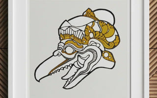 Stylized mask with long beak and ornate golden details inspired by reijer stolk and haarlem school anatomical studies.