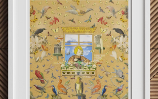 Cartoon figure with yellow hair sitting inside by a window surrounded by plants and animals while a soft hum fills the air