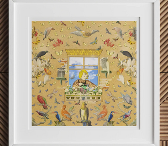 Cartoon figure with yellow hair sitting inside by a window surrounded by plants and animals while a soft hum fills the air